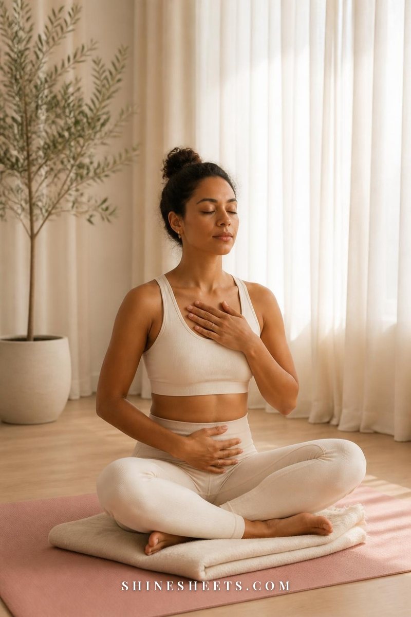 Woman in cream activewear sitting cross-legged on a blush yoga mat with one hand on her belly and one on her chest