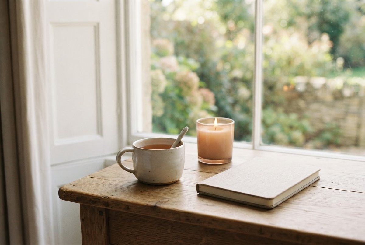Cream ceramic mug of tea, glass candle and a beige linen notebook on a wooden side table by a window