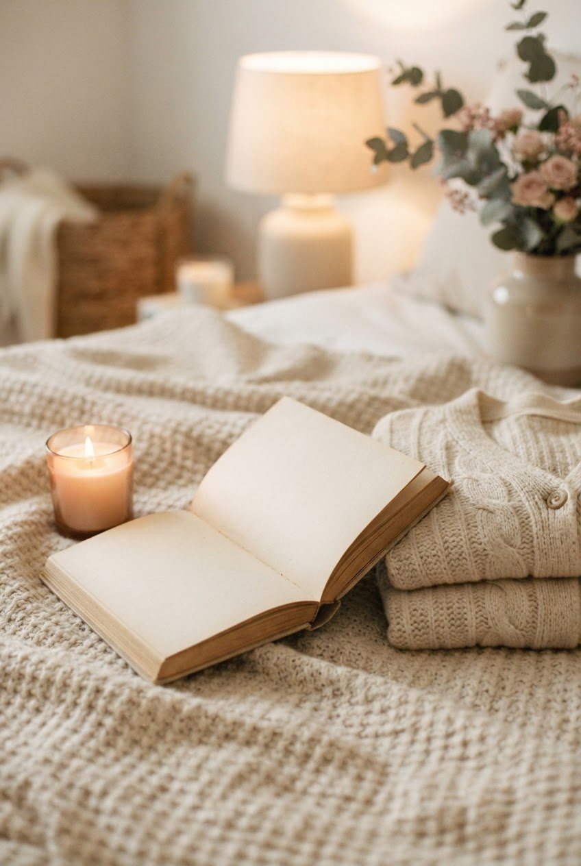 Glass candle, folded cream knit cardigan and an open book on a soft beige blanket in warm evening light