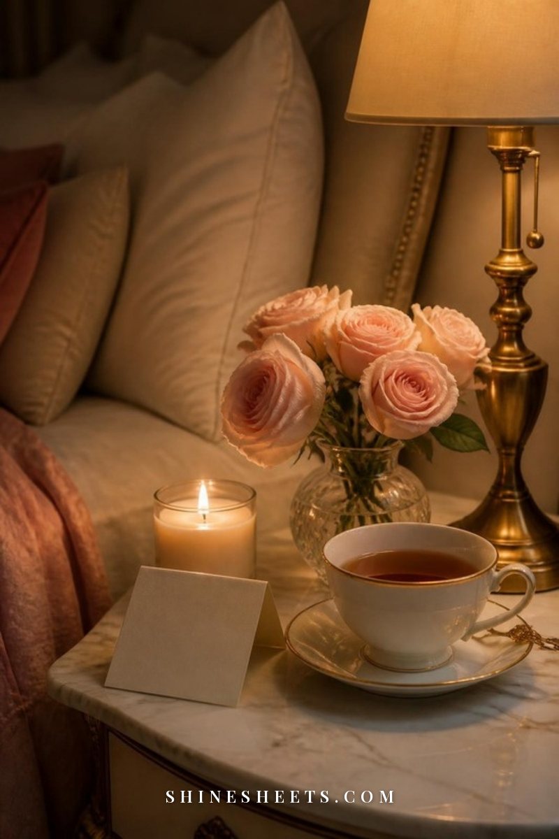 Bedside table at night with a glass candle, a cup of tea, a folded blank note card and soft lamplight on cream linen