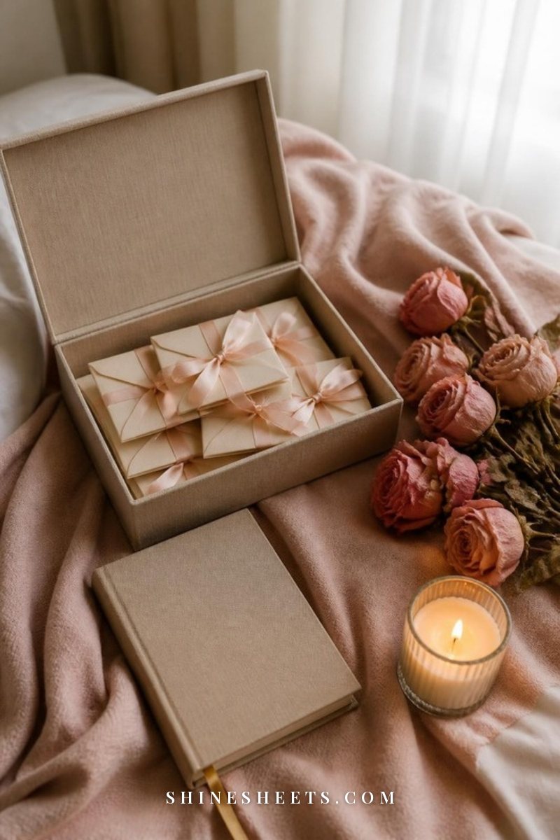 A cream keepsake box filled with ribbon-tied blank love letters and a linen couples journal on a soft blush blanket
