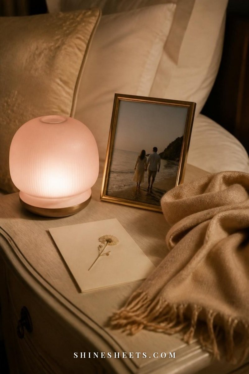 A softly glowing touch lamp on a cream nightstand beside a blank postcard and a small framed couple photo seen from behind