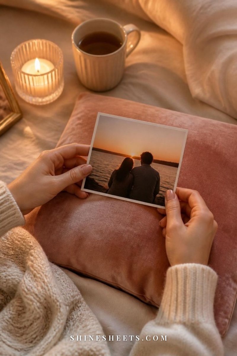 A woman's hands holding a printed couple photo over a blush pillow on cream linen bedding by candlelight