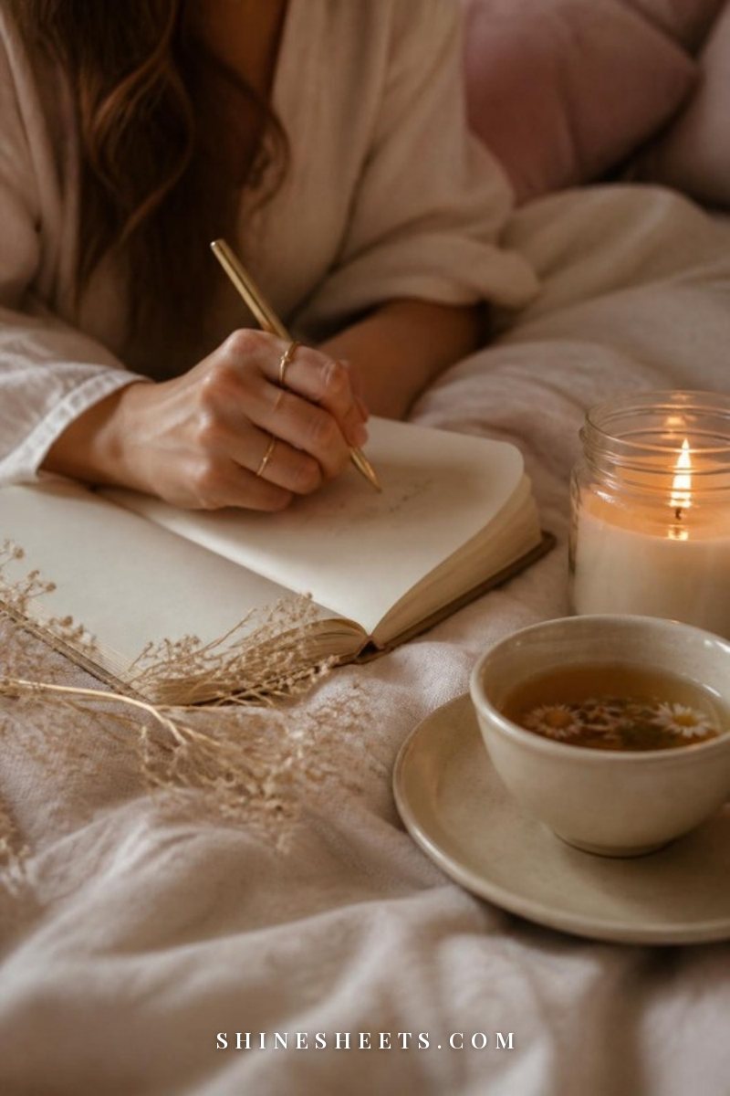 A woman's hands writing in a blank cream journal with a gold pen beside a glass candle and a cup of evening tea