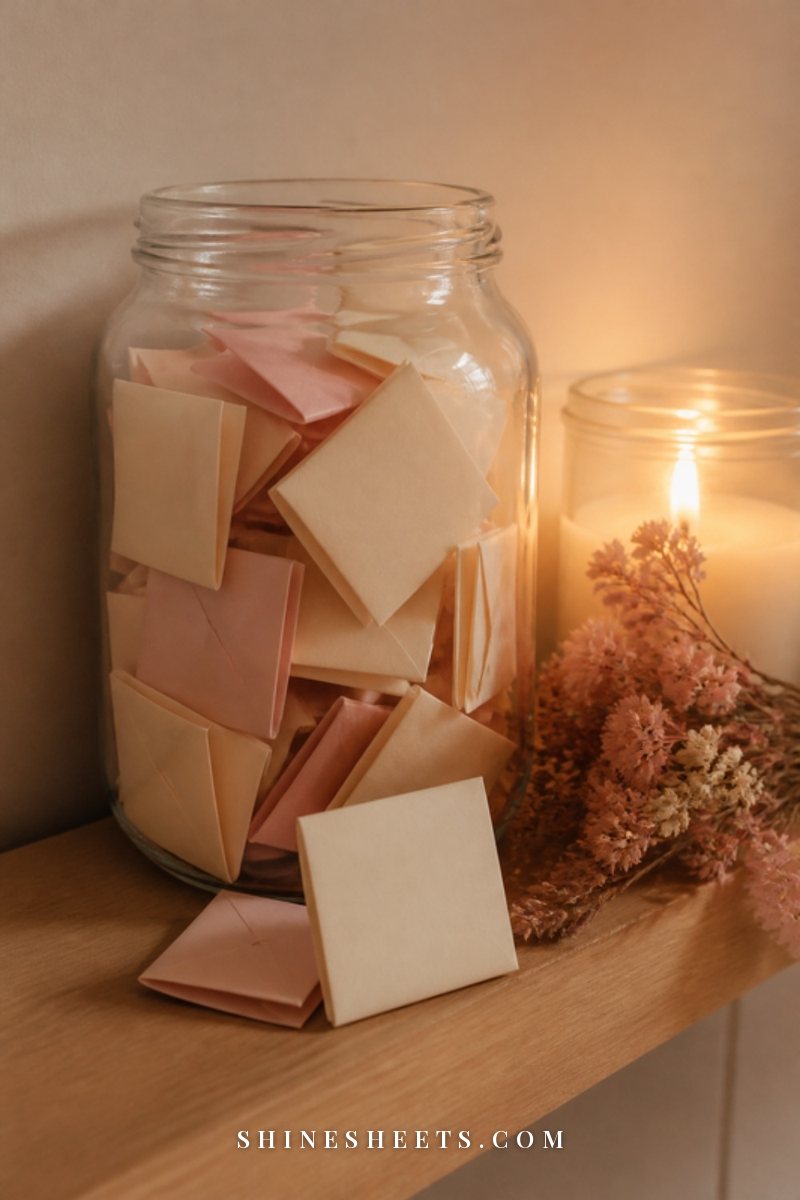 A clear glass jar filled with small folded cream paper notes on a wooden shelf beside a glowing candle and dried flowers