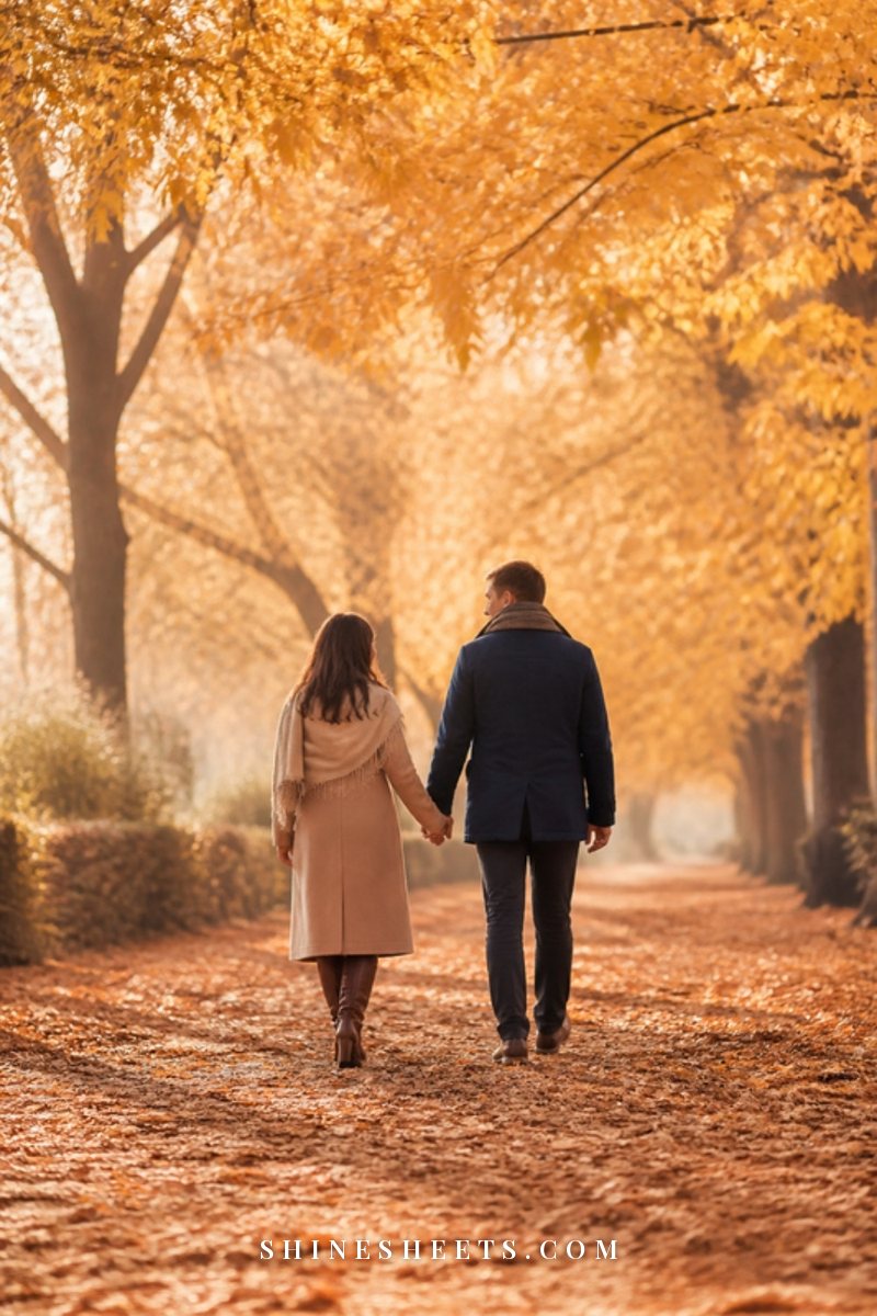 A couple seen from behind walking hand in hand along a quiet autumn street, wearing cream and camel coats