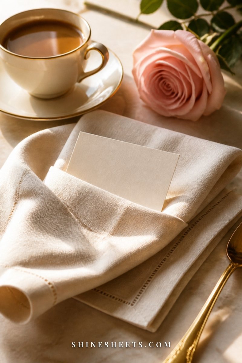 A cream notecard with soft illegible handwriting tucked against a coffee mug on a breakfast tray with a blush rose