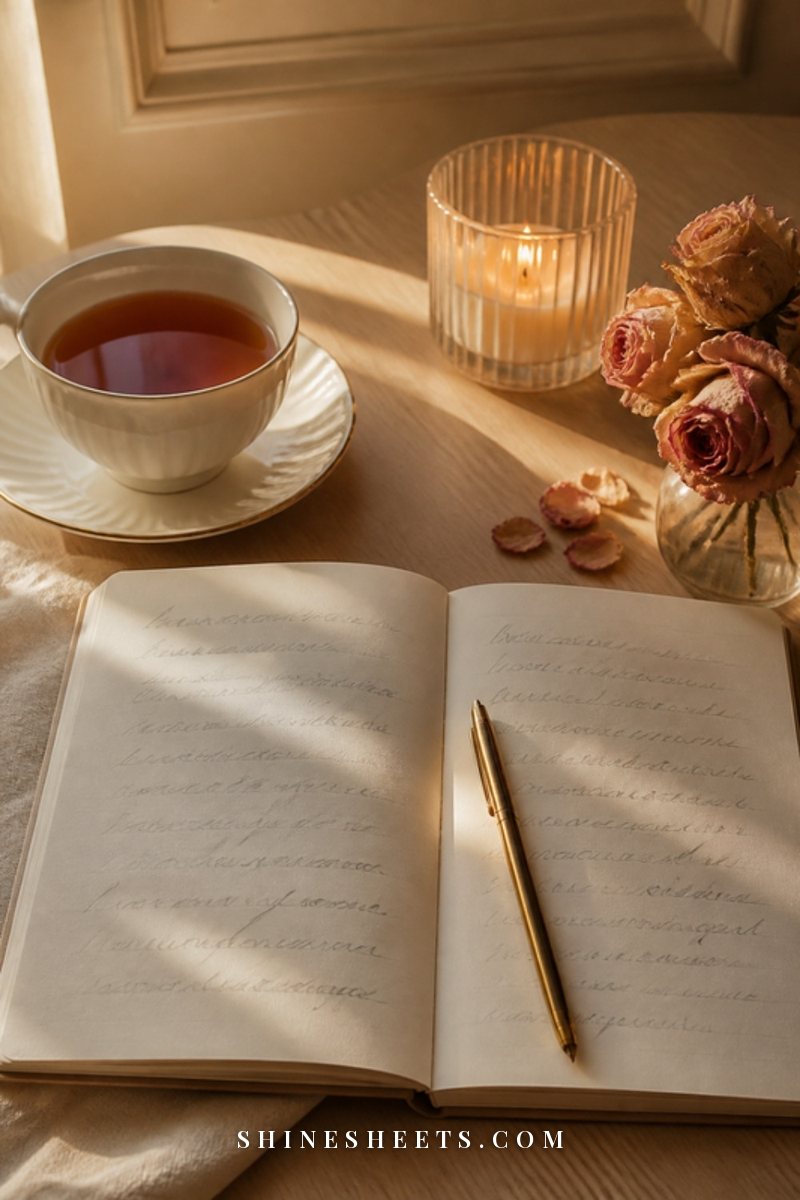 An open couples journal with soft illegible handwriting, a gold pen and a cup of tea on a cream linen tablecloth