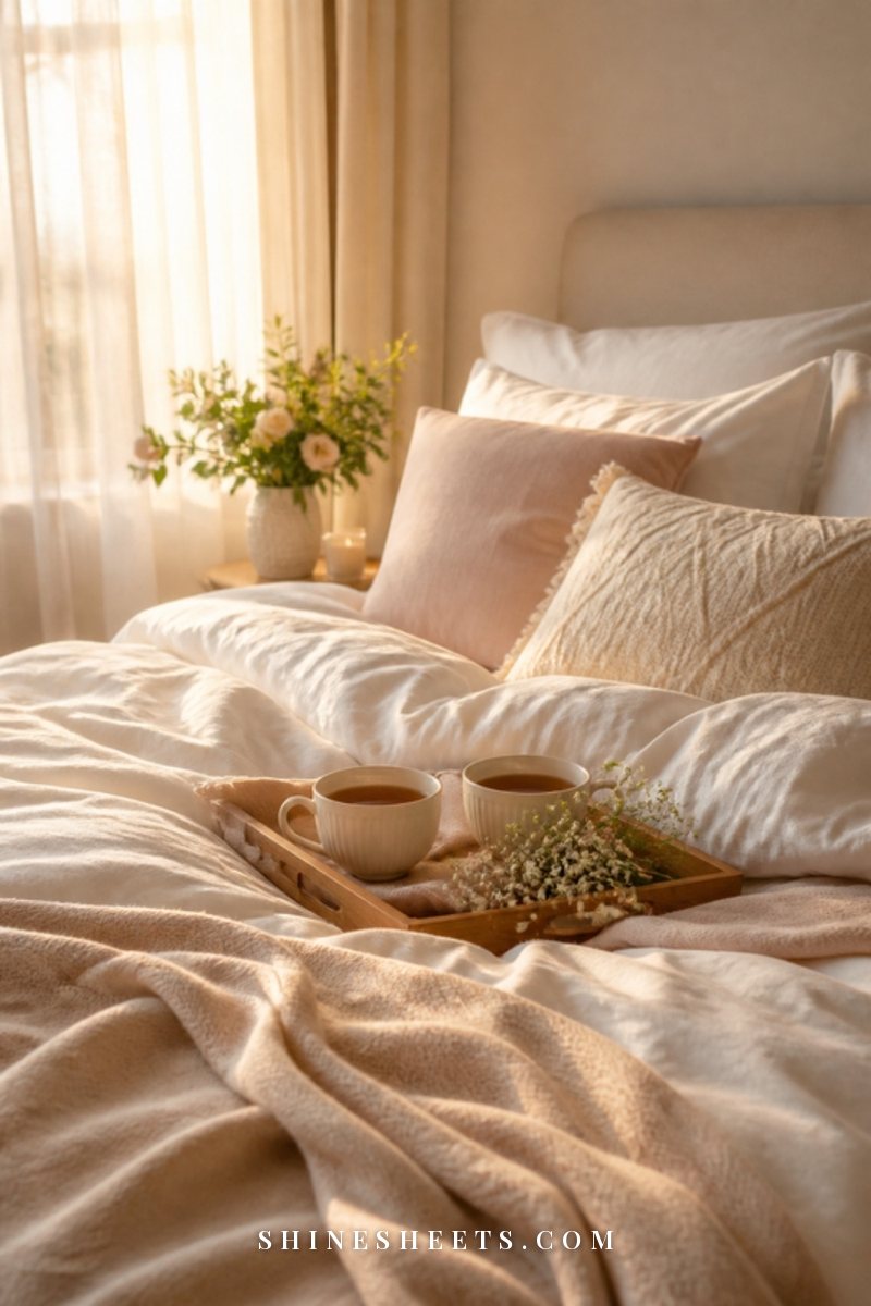 A sunny bedroom with white linen bedding, two cups of tea on a wooden tray and soft morning light through sheer curtains