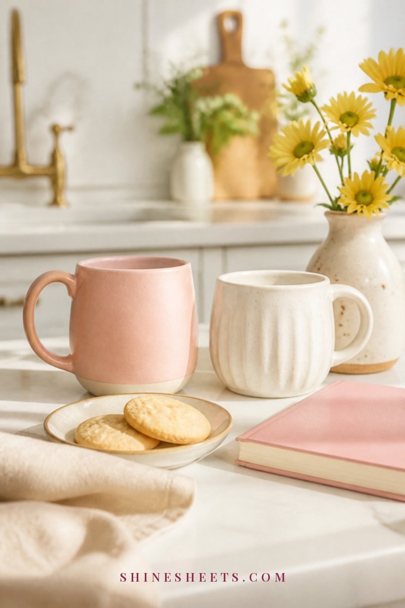 Two cream ceramic mugs of coffee side by side on a sunny kitchen counter beside a small vase of white tulips