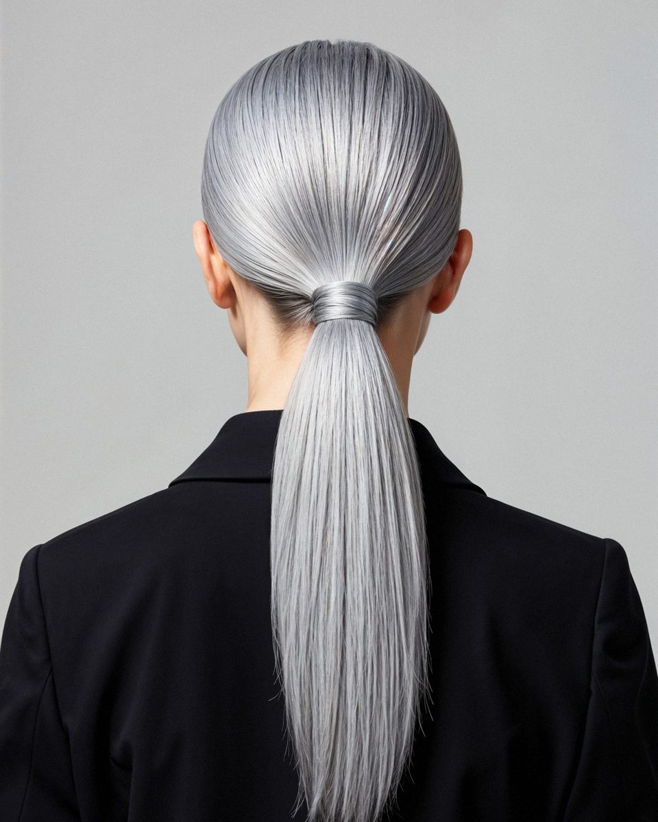 Woman with long silver gray hair seen from behind, wearing a cream knit sweater in soft window light