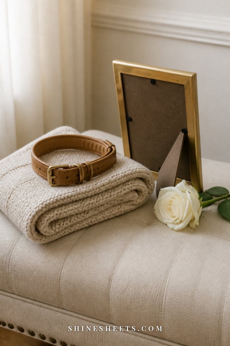 Folded soft knit blanket, a dog's leather collar and a framed photo turned away on a cream bench in soft light
