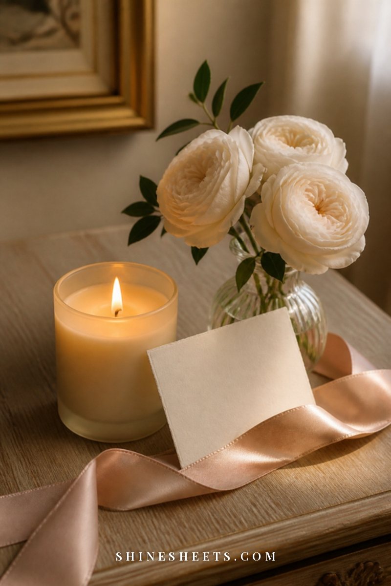 Memorial candle in a cream glass jar beside a small vase of white roses and a blank card on a wooden table