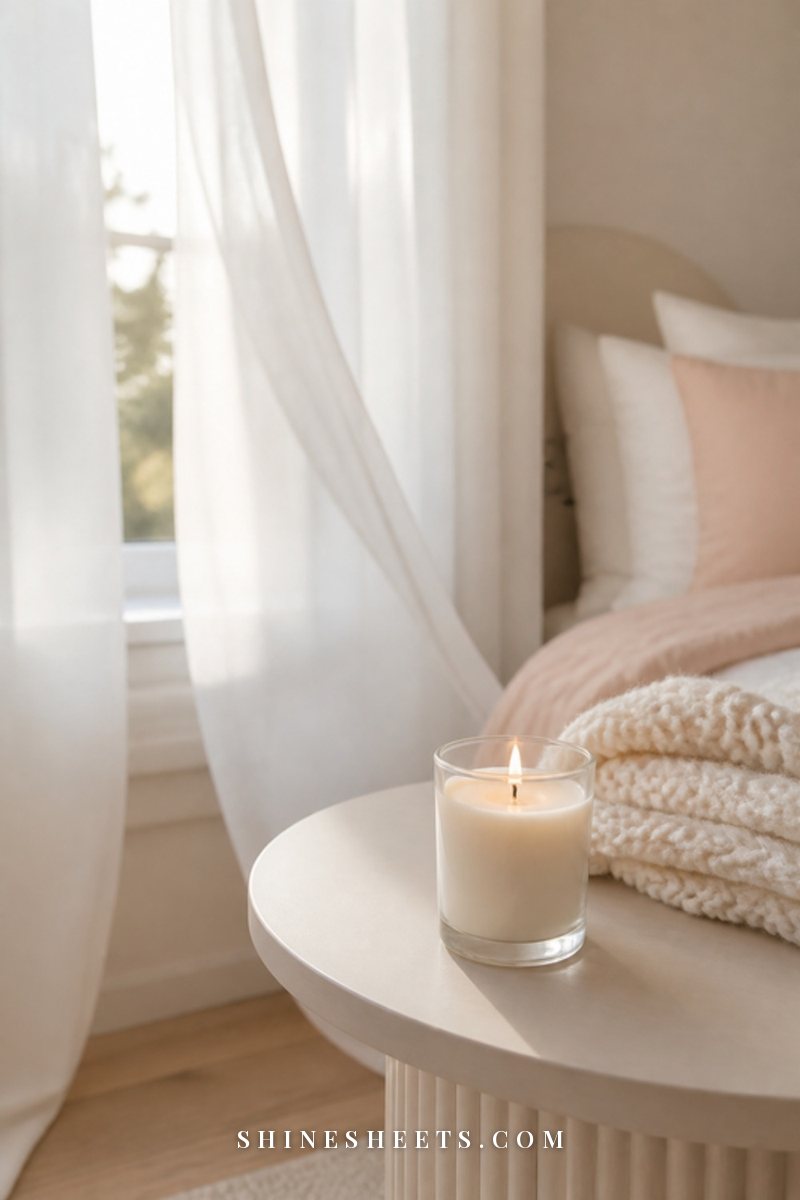 Single lit candle in a clear glass jar on a windowsill beside a sprig of eucalyptus in soft winter light