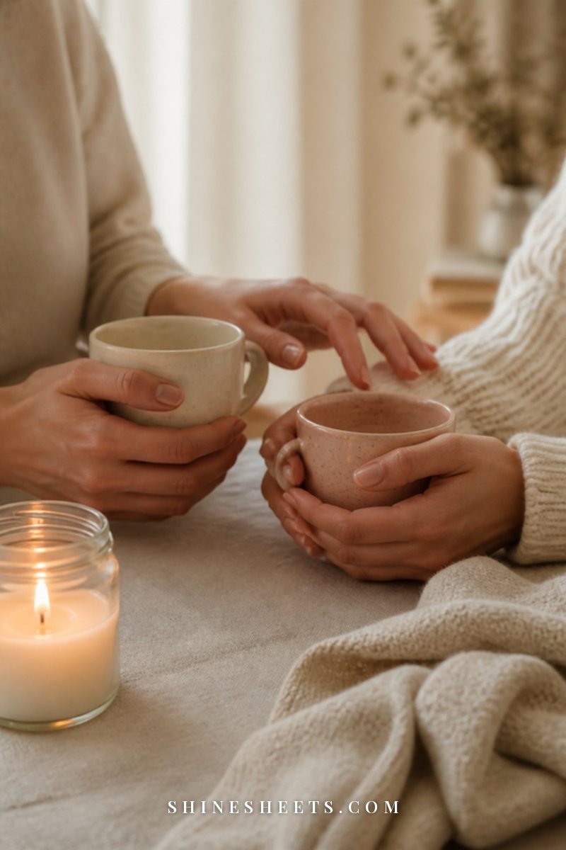 Two hands holding warm mugs of tea on a wooden table with a cream knit blanket and a candle nearby