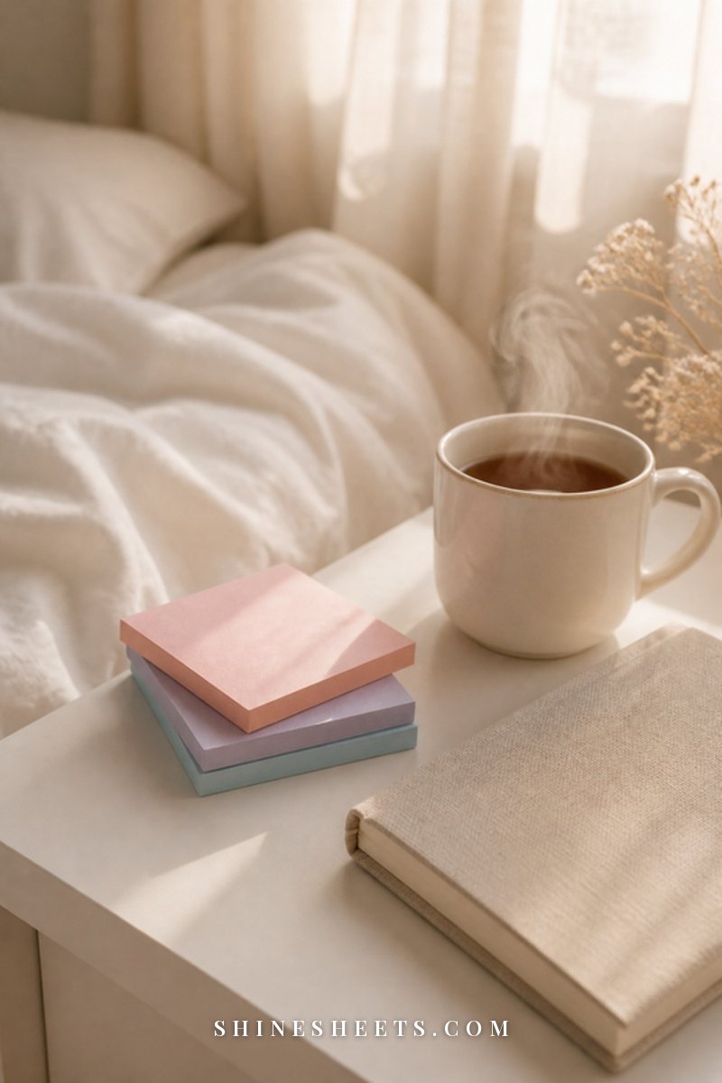 A cream planner notebook open beside pastel sticky notes, a gold pen and a cup of tea on a light wood desk