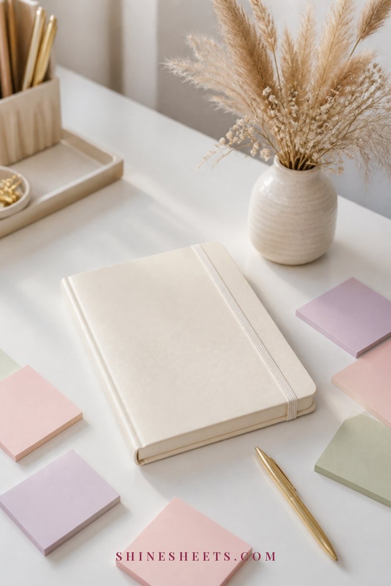An open book, a cream notebook with pastel sticky notes and a warm book light on a cozy reading chair