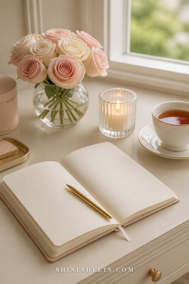 An open cream journal with a gold pen, a cup of tea and a small vase of blush flowers on a linen-covered desk