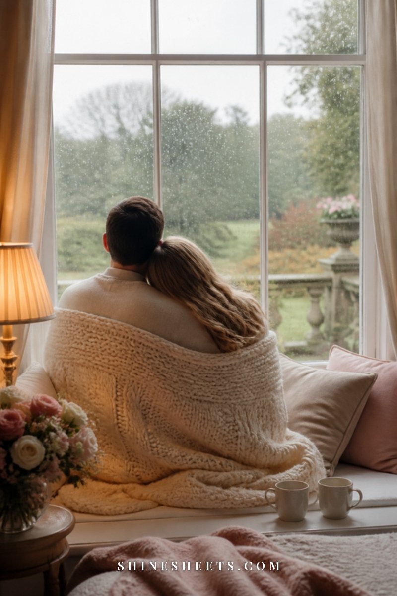 A quiet window seat with a cream blanket, a closed journal and a cup of tea on a gray winter afternoon