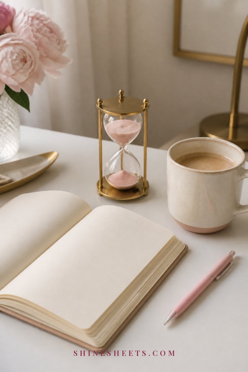 Morning coffee in a cream mug next to a small glass of water and a closed planner on a kitchen counter