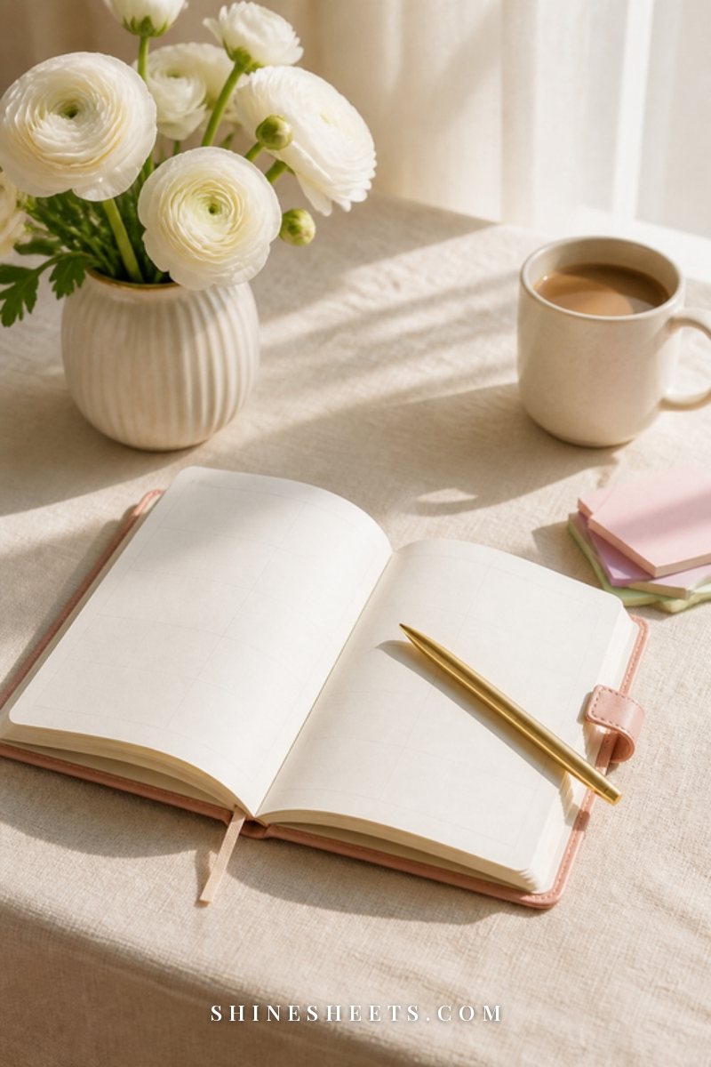 Open planner with blank pages, a gold pen and a cup of coffee on a cream linen tablecloth