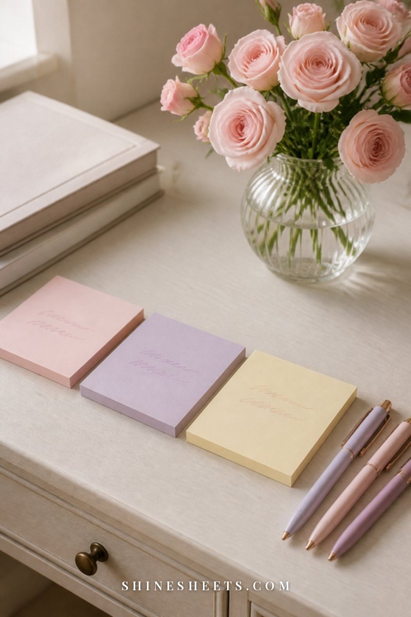 Tidy cream desk with a planner, pastel sticky notes, a gold pen and a cup of tea
