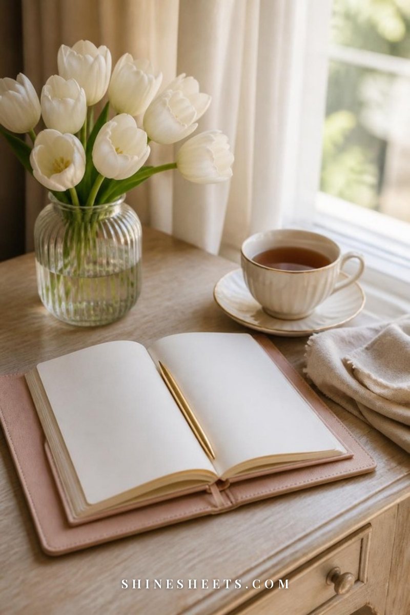 Calm, tidy cream desk with an open blush planner, a gold pen, a cup of tea and fresh white tulips in soft morning light