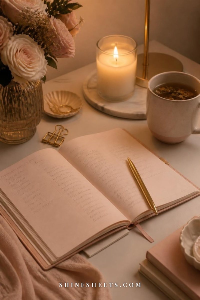 Open blush undated daily planner with soft handwriting scribbles, a gold pen and a lit glass candle on a cream desk in warm evening light