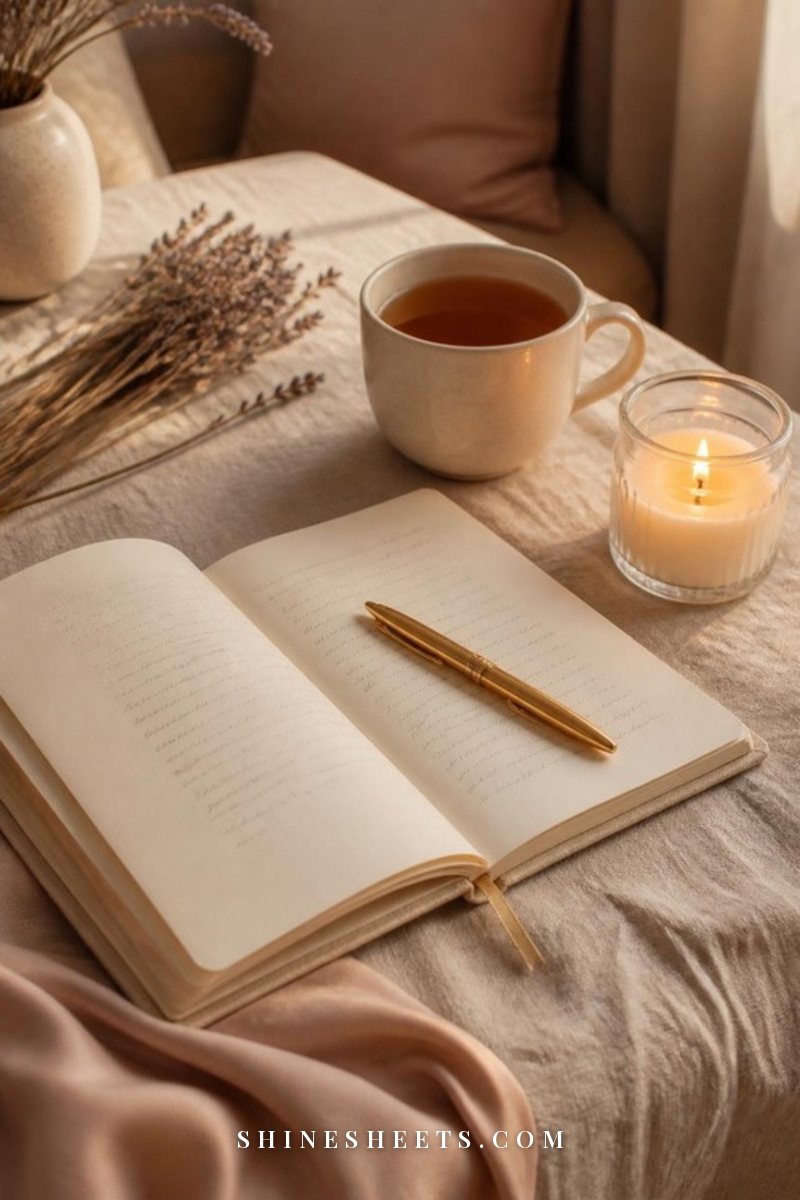 Open cream journal with illegible soft handwriting, a gold pen, a cup of tea and a lit glass candle on a linen-covered table in evening light