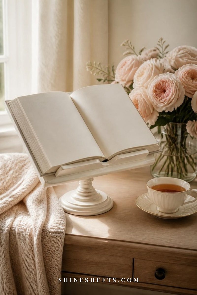 Open hardcover book resting on a cream wooden book stand beside a cup of tea and a small vase of blush roses on a light desk