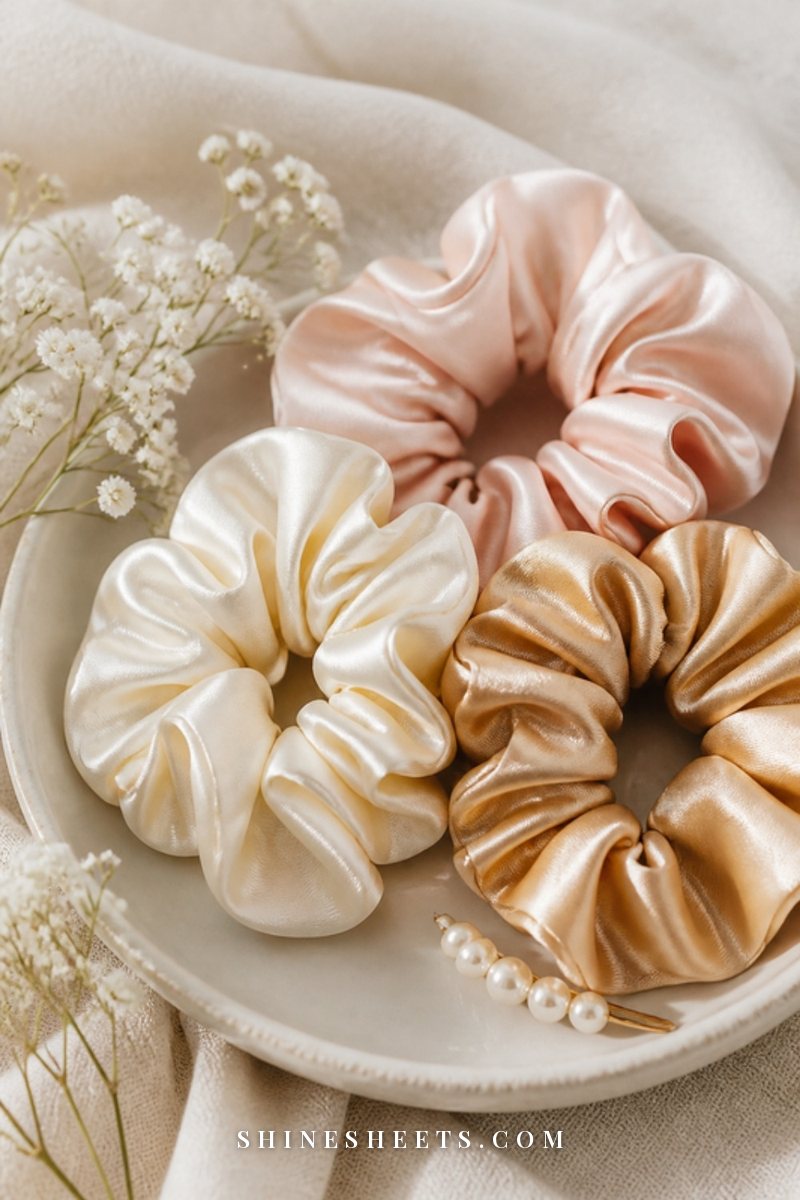 Blush and cream silk scrunchies arranged in a ceramic dish on a cream linen vanity cloth