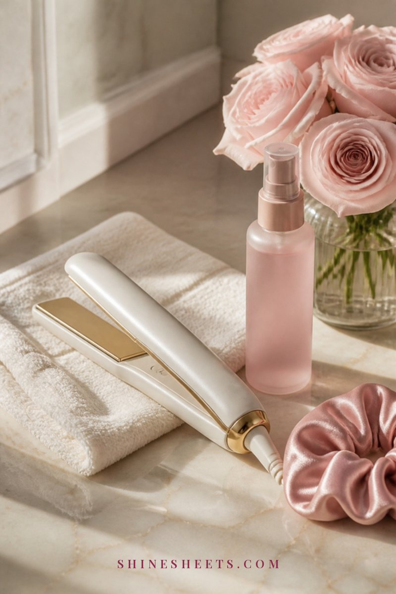 Cream flat iron resting beside a heat protectant spray bottle and a silk scrunchie on a marble vanity
