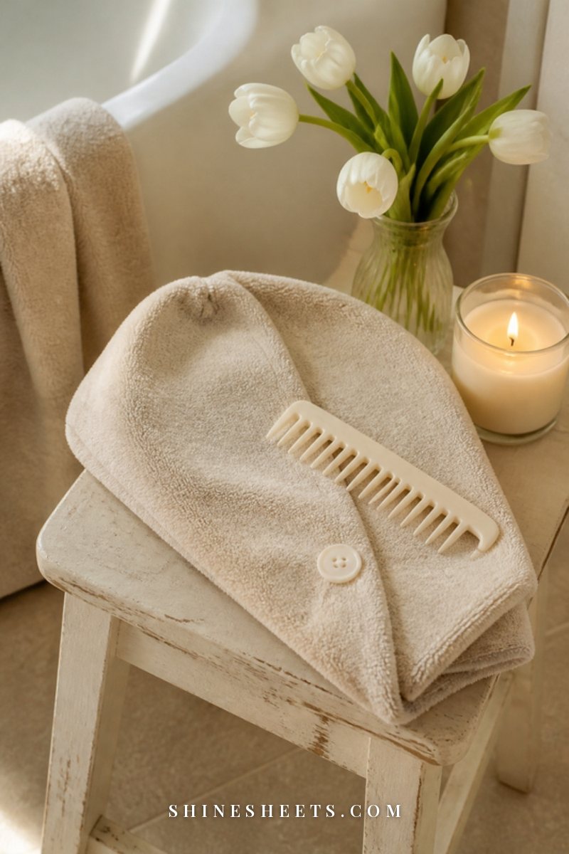 Folded beige microfiber hair towel wrap beside a wide-tooth comb and a small vase of flowers in a calm bathroom