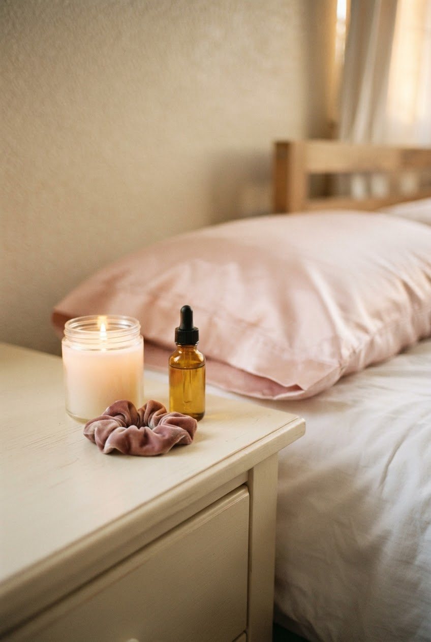 Blush satin pillowcase, a soft scrunchie and a small glass bottle of hair oil on a cream nightstand beside a glass candle