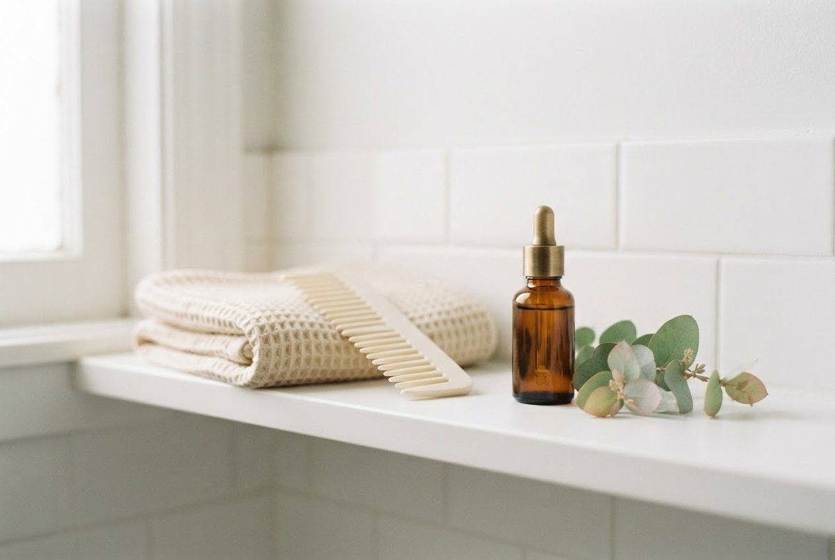 Cream towel, wide-tooth comb, amber bottle of hair oil and a sprig of eucalyptus on a white bathroom shelf in soft light