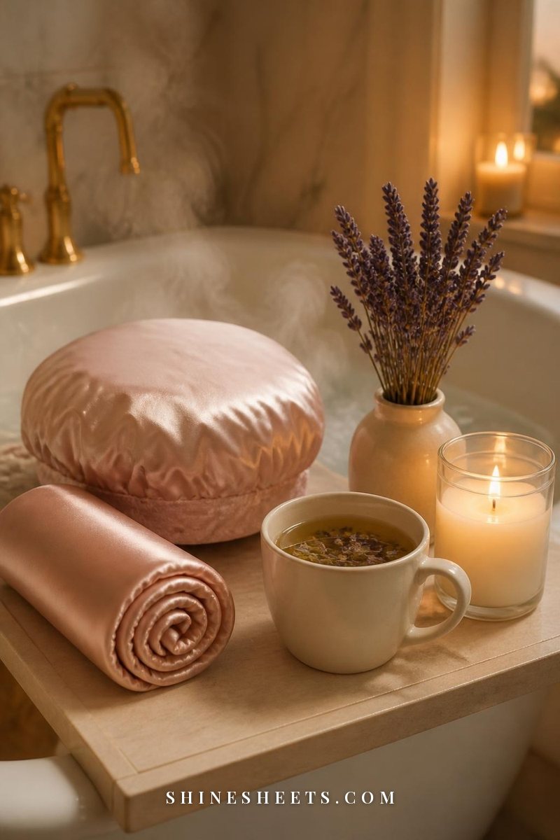 Blush satin hair towel wrap, a cup of tea and a glass candle on a cream bath tray