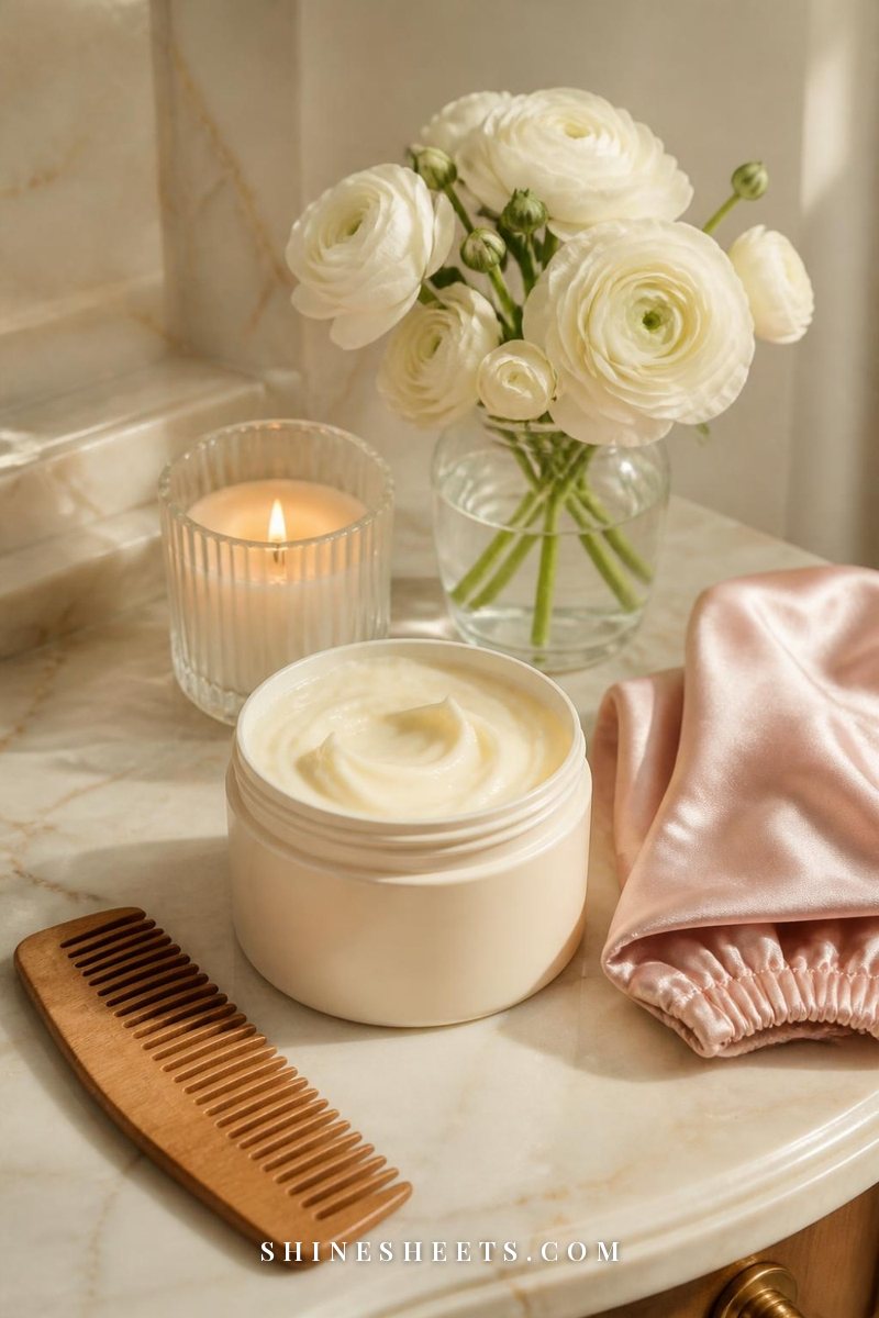Cream jar of hair mask, a wide-tooth comb and a folded satin towel on a marble bathroom counter