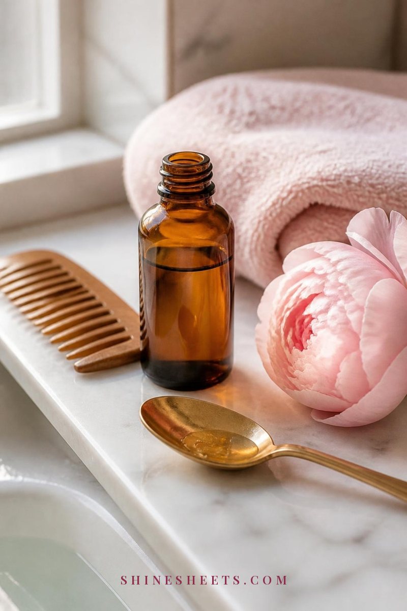 Small unlabeled amber bottle of bond repair treatment with a wide-tooth comb on a blush towel