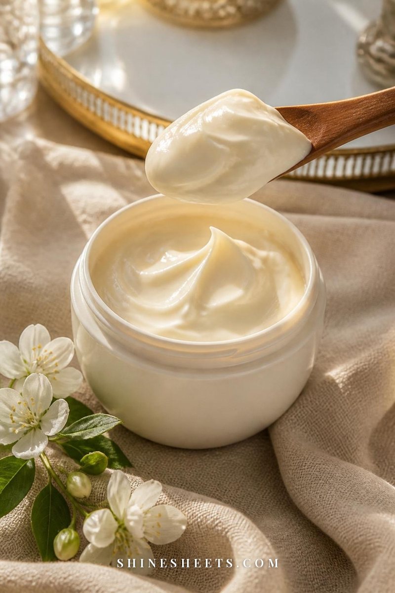 Thick creamy moisture hair mask on a small wooden spatula above an open jar on a beige linen towel