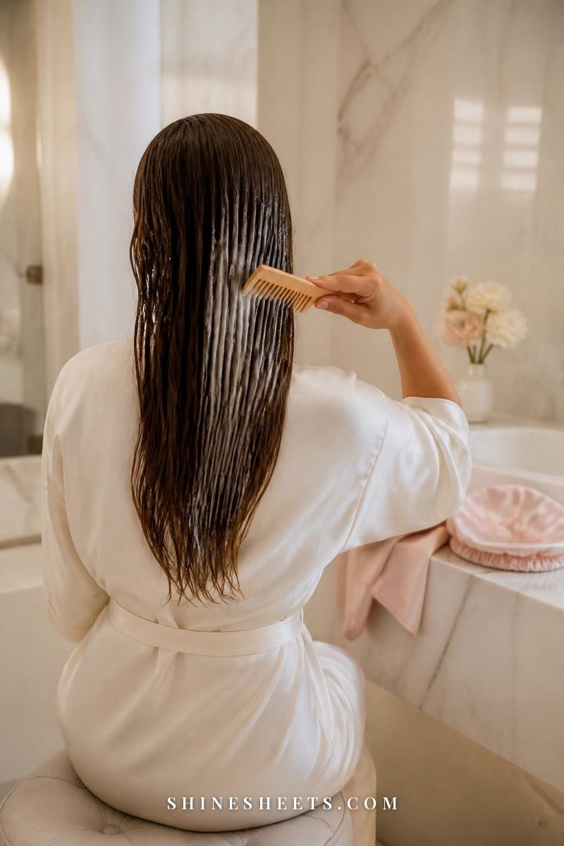 Woman seen from behind combing a cream hair mask through damp hair with a wide-tooth comb