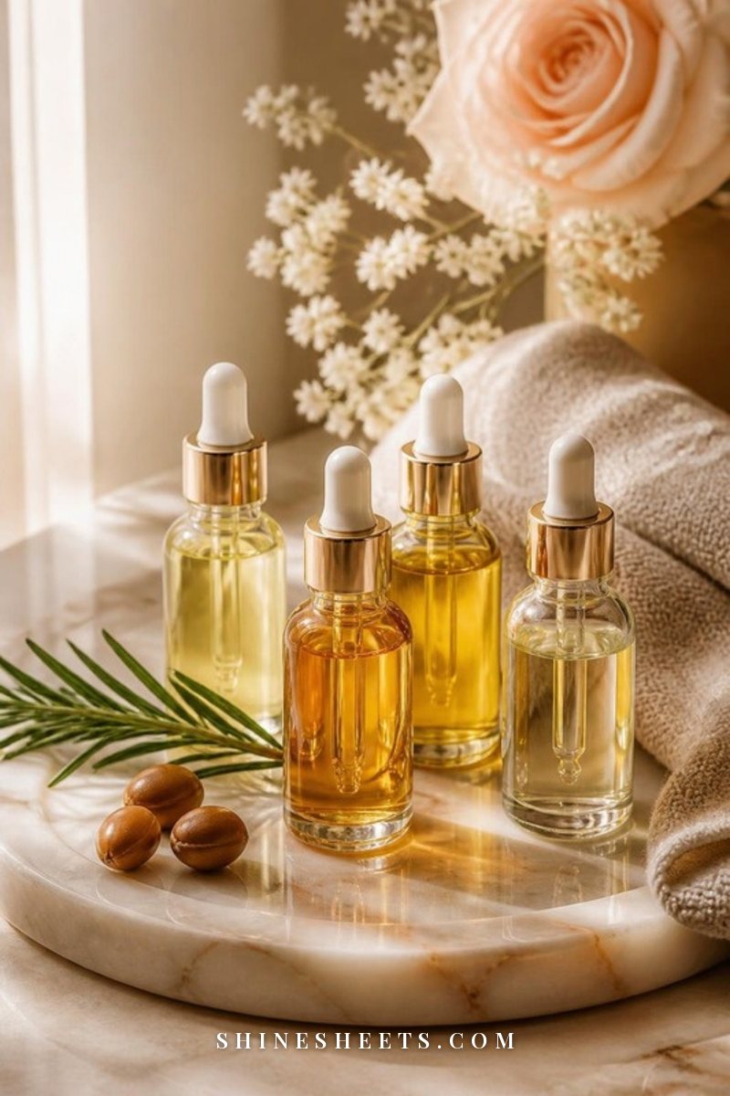 Clear glass dropper bottles of golden hair oils on a cream marble tray with a sprig of rosemary and a beige linen towel