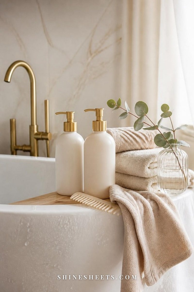 A cream shampoo bottle, a wide-tooth comb and folded towels on the edge of a white bathtub