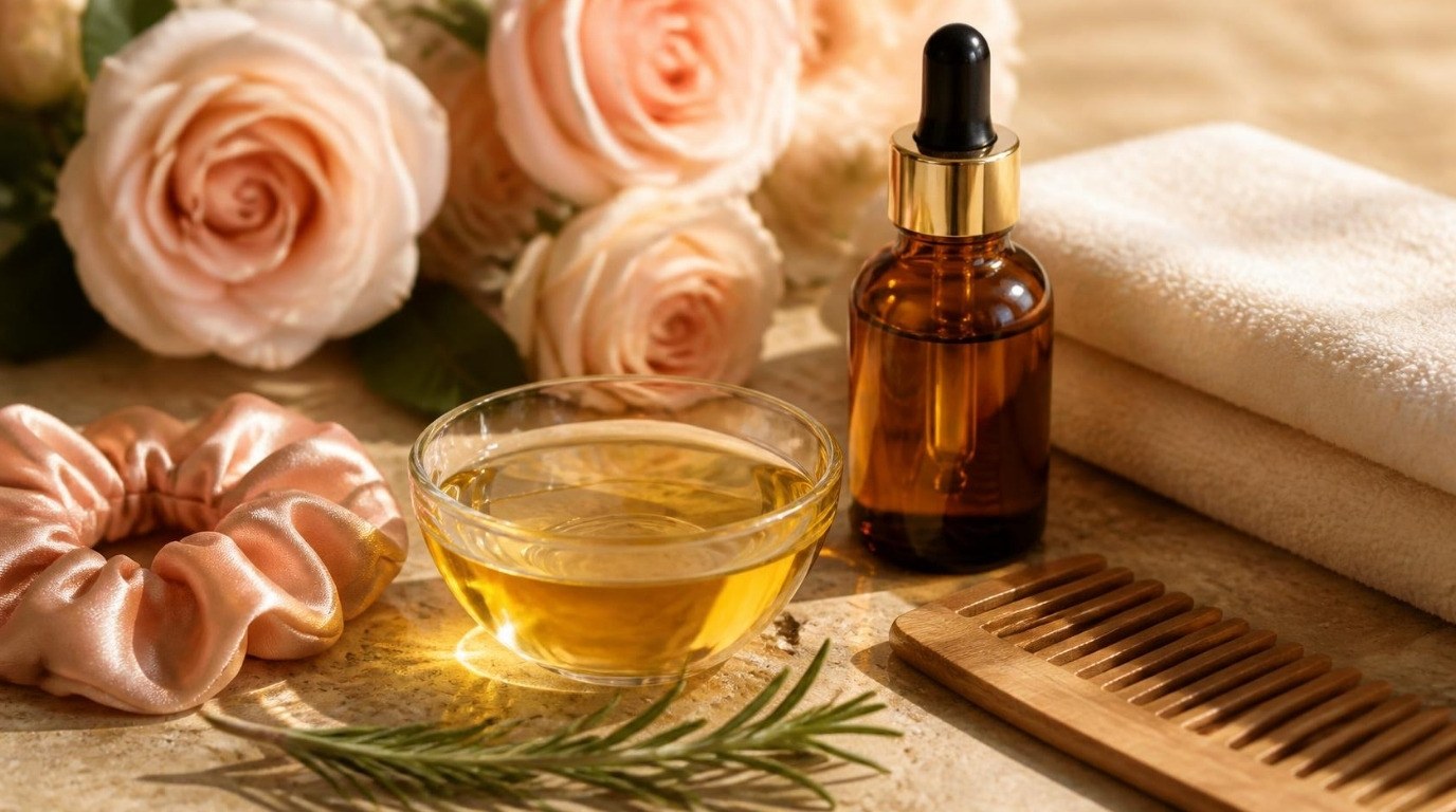 Bowl of golden hair oil with dropper bottle, wooden comb, rosemary and roses