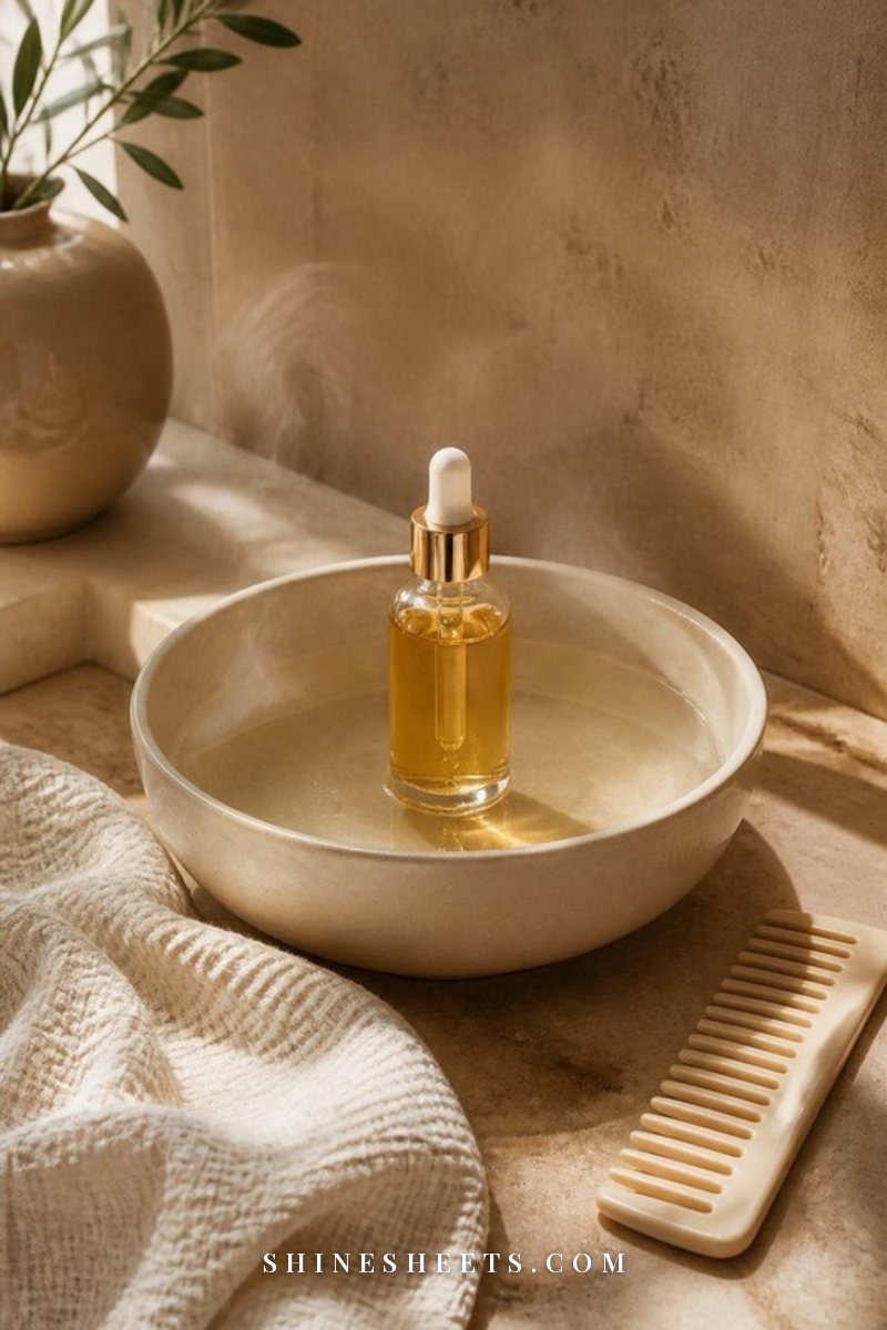 A small glass bottle of hair oil warming in a cream ceramic bowl of warm water on a bathroom counter