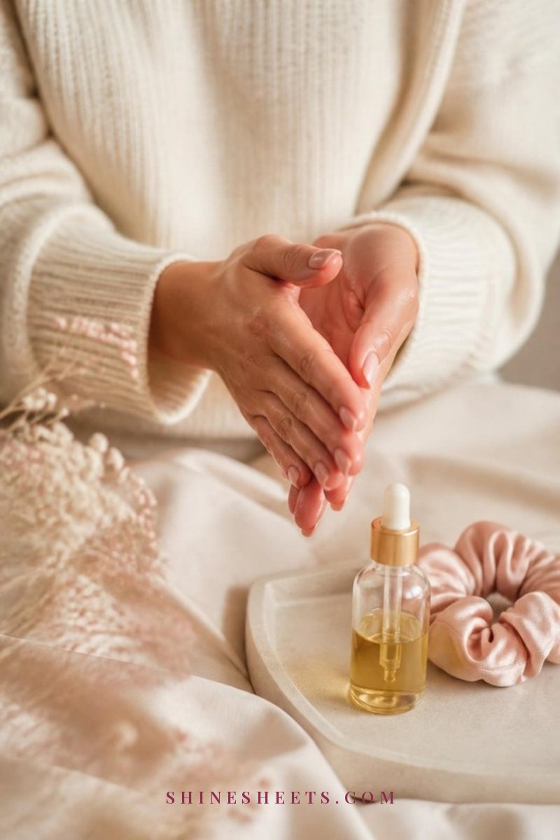 A woman's hands rubbing two drops of golden hair oil between her palms over a cream vanity