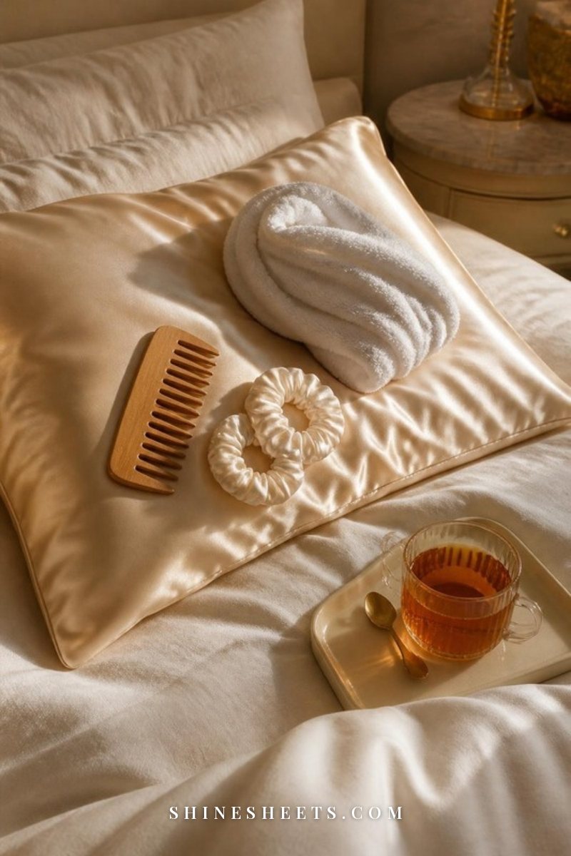 Champagne silk pillowcase, a white microfiber hair towel and a wooden wide-tooth comb on a neatly made bed