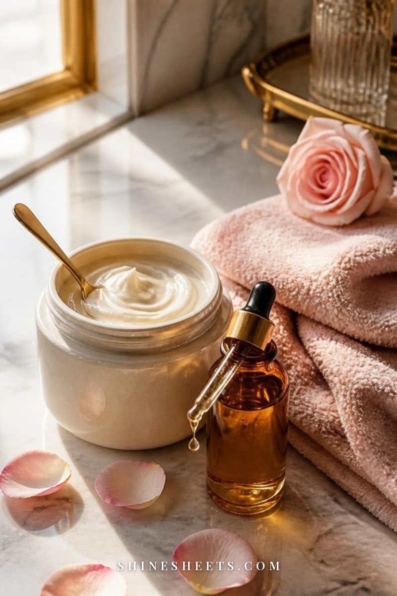 Jar of rich protein hair mask, an amber bottle of argan oil and a blush microfiber hair towel on a marble vanity