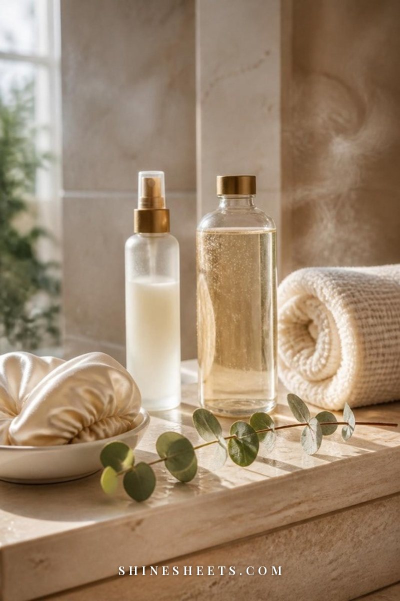 Lightweight leave-in spray, clarifying shampoo and a warm rolled towel on a cream bathroom shelf