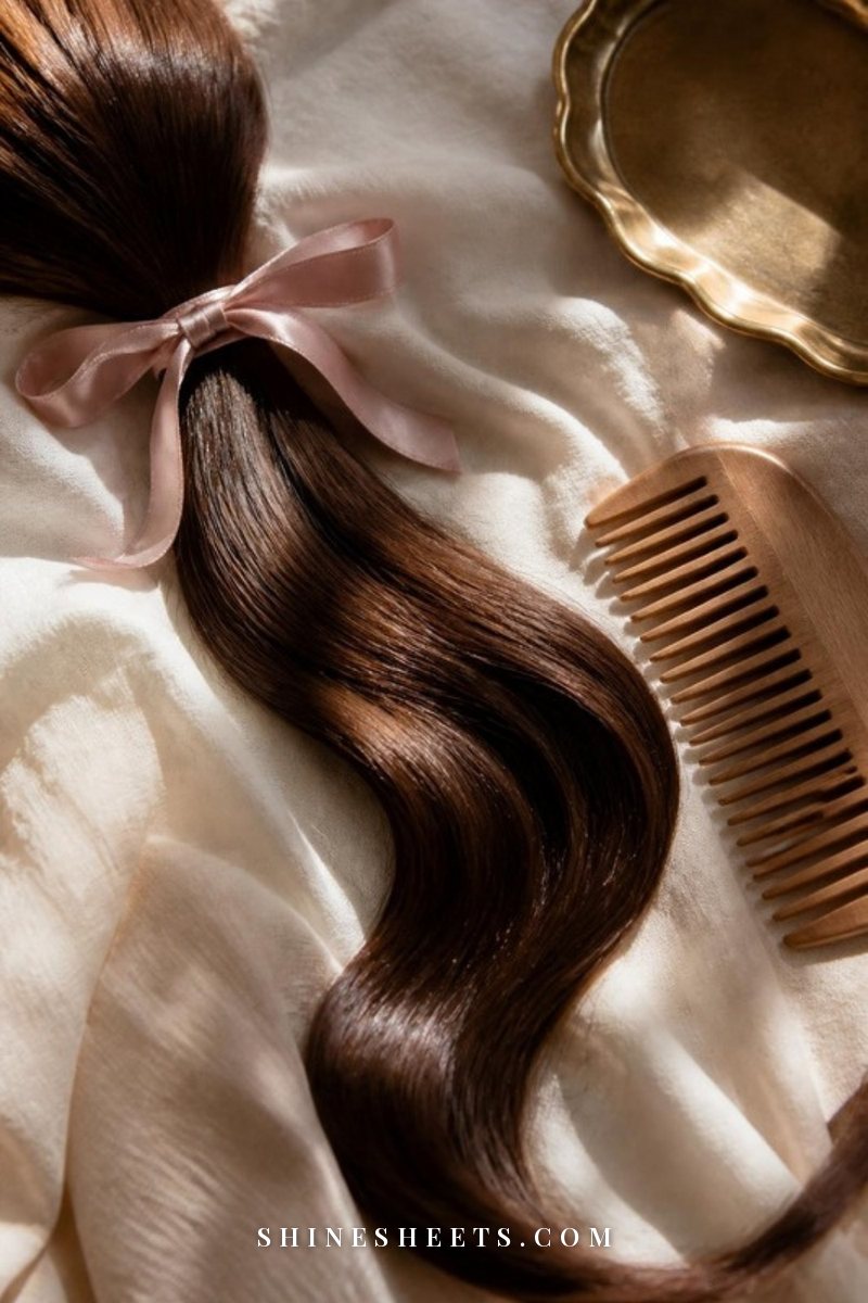 A long glossy lock of brown hair resting on cream linen beside a wooden wide-tooth comb in soft light