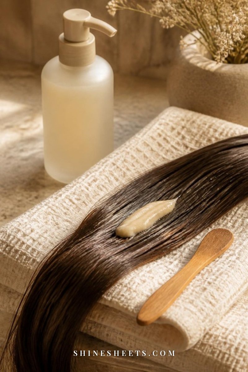 A woman's hand placing a drop of creamy leave-in conditioner onto a lock of dark hair on a cream towel